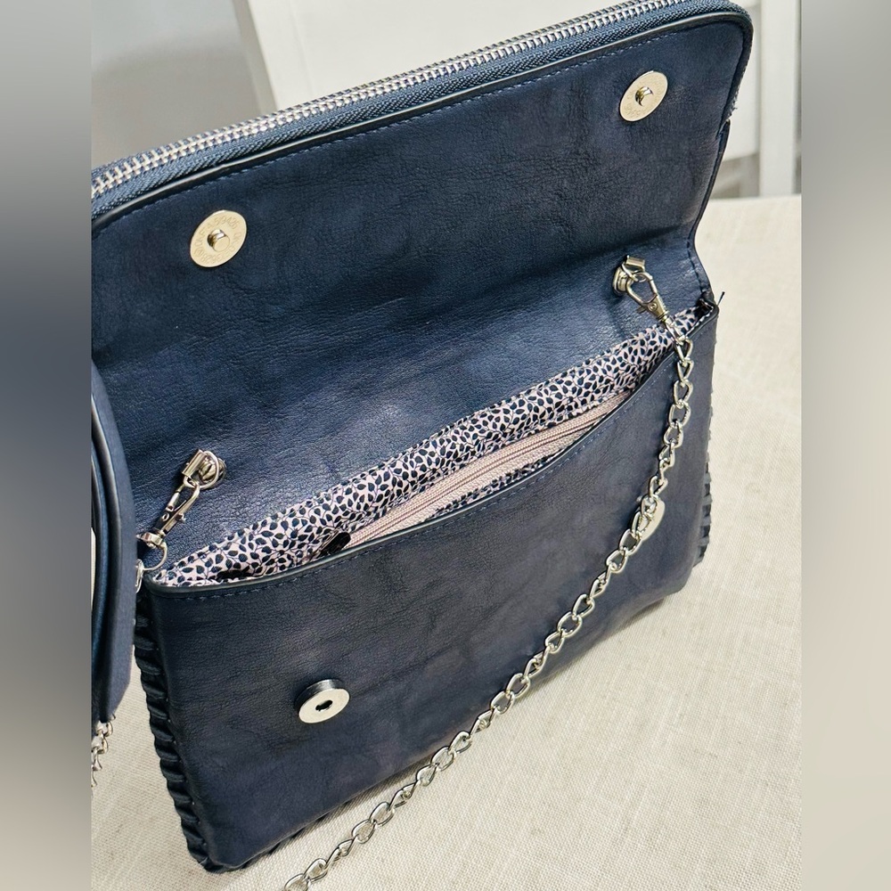 Leather Clutch with Chain Strap Urban Expressions Navy Vegan - Picture 6 of 9